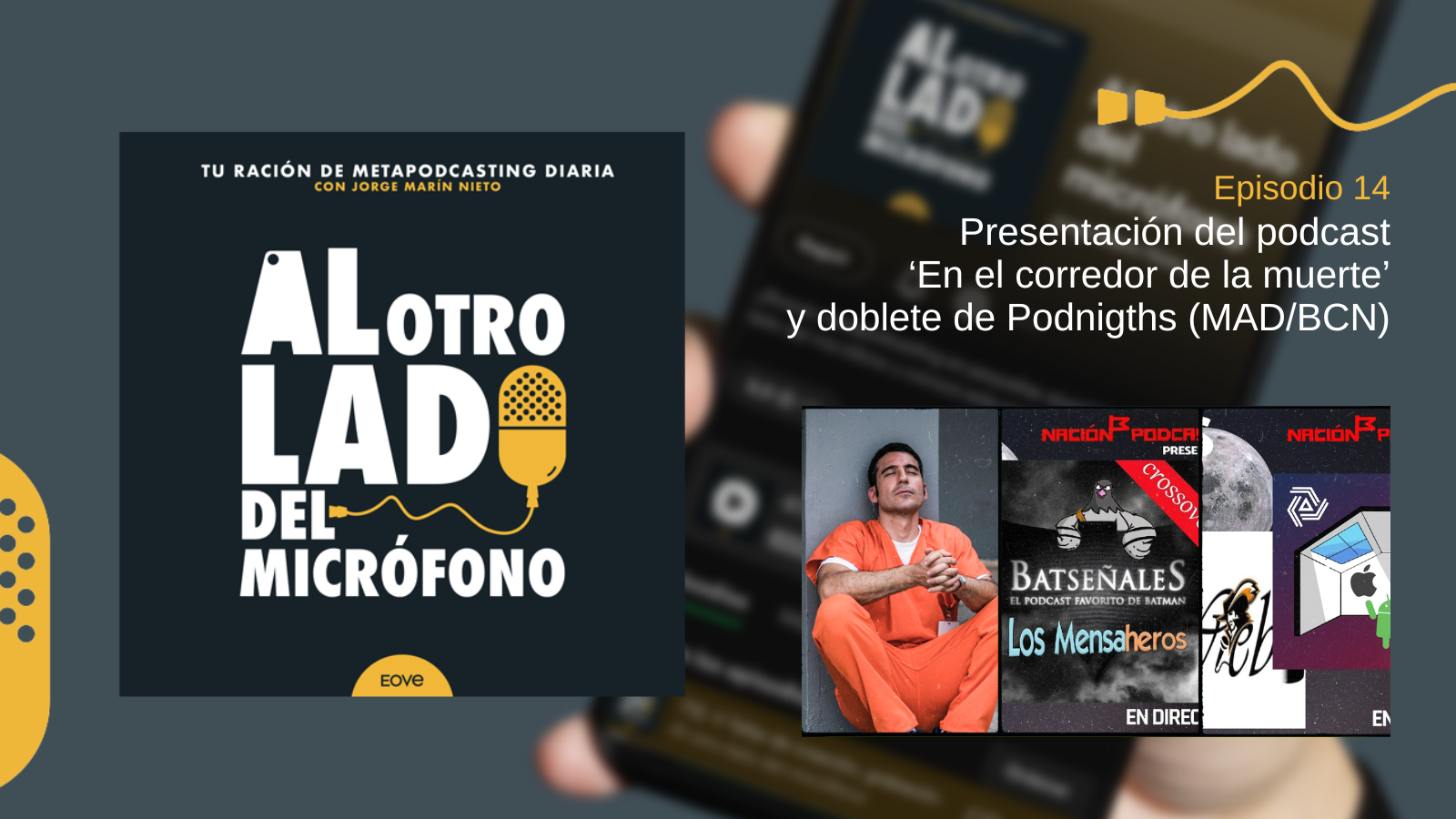 Imagen del episodio 14 del podcast ‘Al otro lado del micrófono’, con una fotografía de un hombre con mono naranja de prisión y carteles promocionales de otros podcasts, en referencia a la serie ‘En el corredor de la muerte’ y a eventos de Podnights en Madrid y Barcelona.