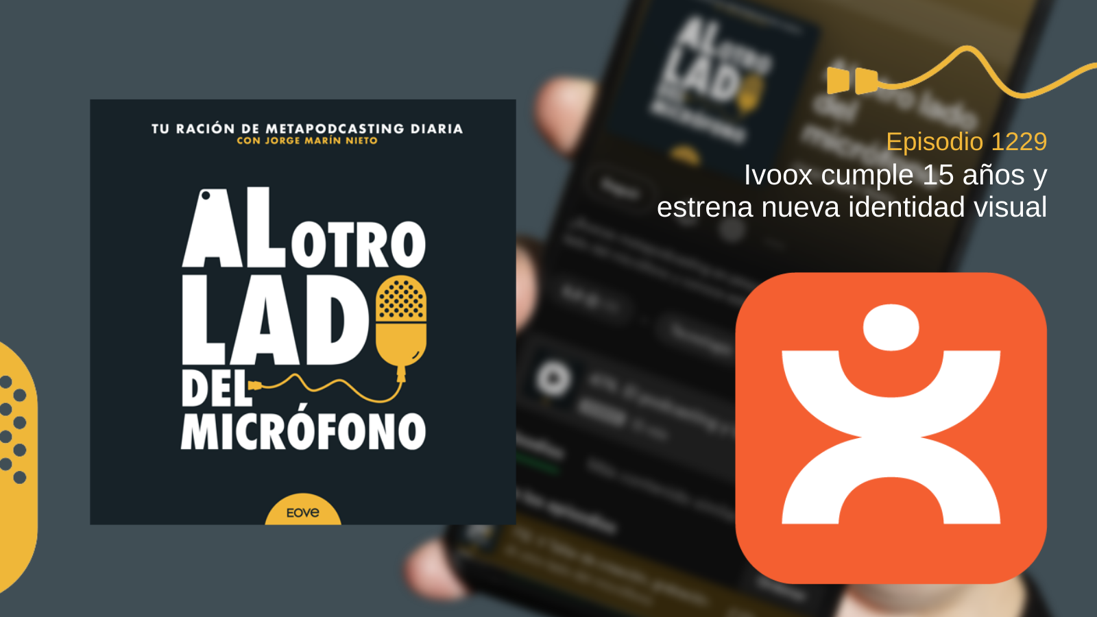 Portada del episodio 1229 del podcast Al otro lado del micrófono, con el título “iVoox cumple 15 años y estrena nueva identidad visual”. Destaca el nuevo logotipo de iVoox en color naranja, acompañado del logotipo del podcast de Jorge Marín Nieto.