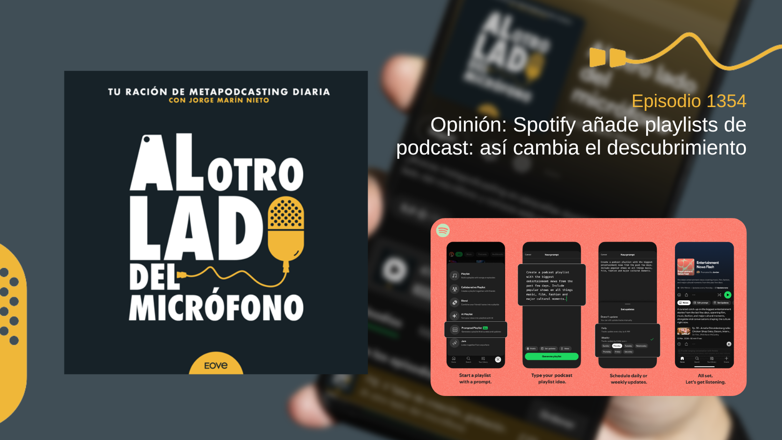 Portada del episodio 1354 del podcast Al otro lado del micrófono de Jorge Marín Nieto. El capítulo analiza la nueva función de Spotify que permite crear playlists de podcast para facilitar el descubrimiento de episodios y programas. La imagen muestra capturas de la aplicación de Spotify con la creación de playlists mediante indicaciones o prompts.