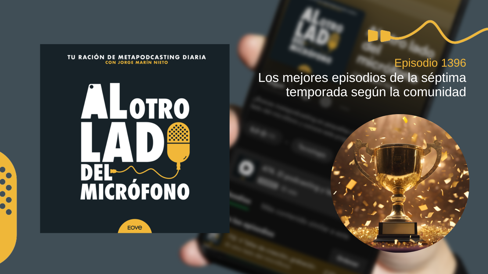 Portada del episodio 1396 del podcast “Al otro lado del micrófono”, producido por Jorge Marín desde EOVE Productora. La imagen muestra un trofeo dorado rodeado de confeti, simbolizando el reconocimiento y la valoración de la comunidad de oyentes. En este episodio se recopilan y analizan los capítulos mejor valorados de la séptima temporada del podcast a partir de las votaciones, encuestas y participación de la audiencia. El capítulo sirve para repasar los temas que más interés han despertado entre los oyentes, desde noticias y reflexiones hasta recomendaciones, entrevistas y entregas del glosario podcastero. Además de celebrar los contenidos más destacados del año, el episodio pone en valor la implicación de la comunidad, cuya participación ayuda a identificar qué asuntos generan más conversación e interés dentro del podcasting. Una oportunidad para descubrir los episodios favoritos de los oyentes y reflexionar sobre la evolución del programa a lo largo de toda la temporada.