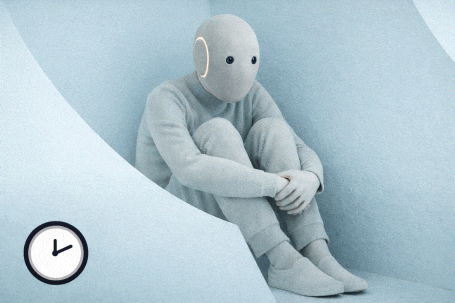 Gif de un robot sentado agarrandose las rodillas indicando el gesto de reflexión o arrepentimiento representando una IA después de cometer un error al sufrir una de sus alucinaciones.